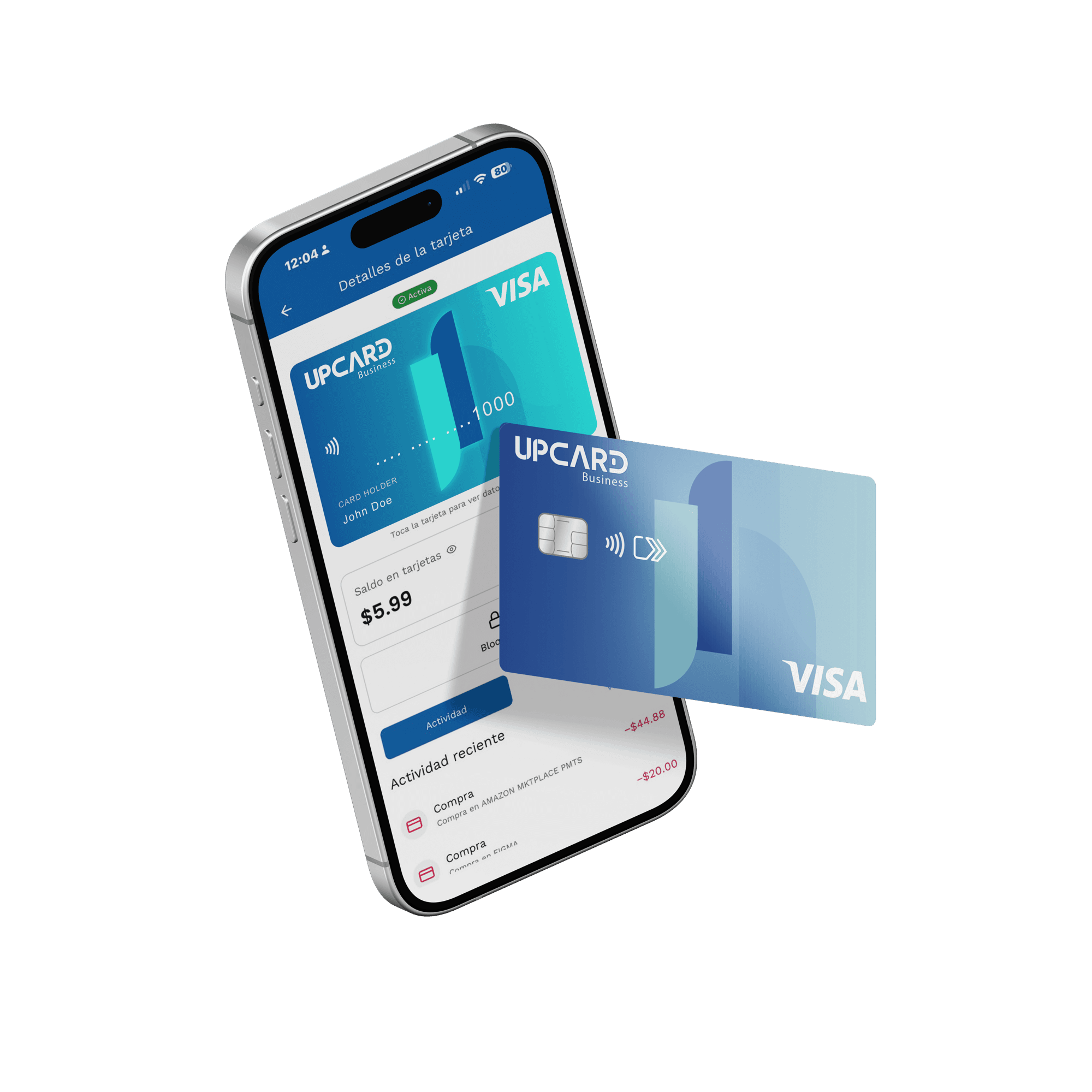 Mockup de la app Upcard mostrando saldo y transacciones