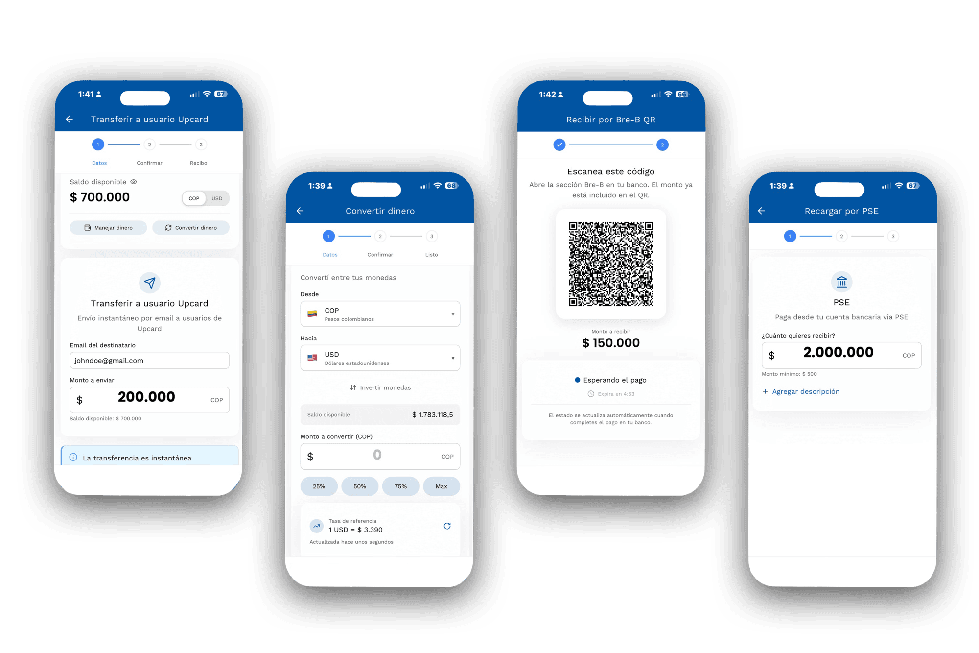 Pantallas de la app UPCARD: transferir a otro usuario, convertir COP a USD, recibir por Bre-B QR y recargar por PSE
